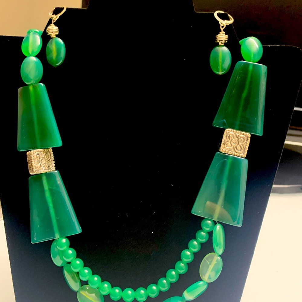 One of a kind green onyx necklace set with lever back earrings